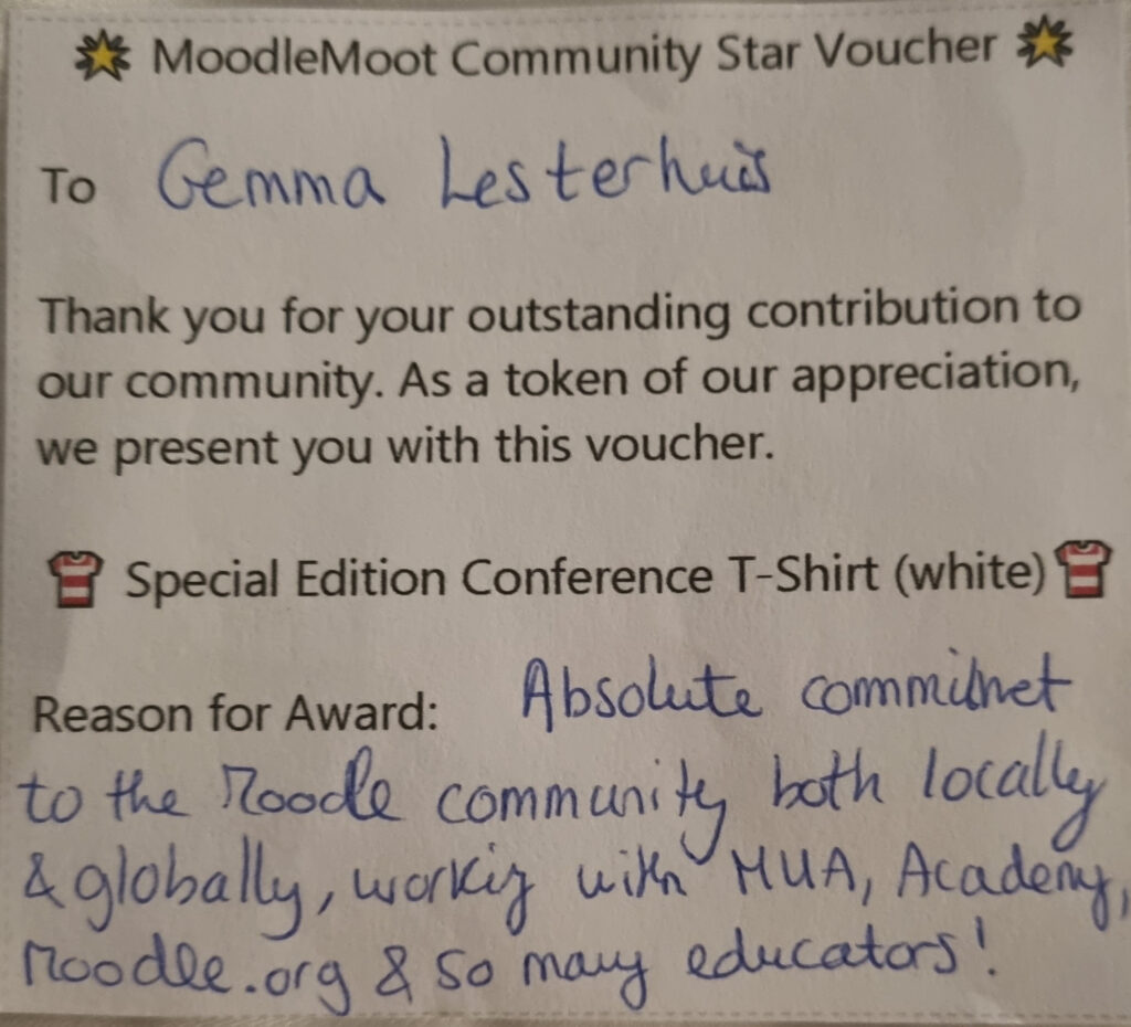 Persoonlijk bedankje van het Moodle HQ Community team tijdens de MoodleMoot Global 2023