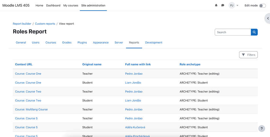 Moodle LMS 4.5 - rapportage rollen op site